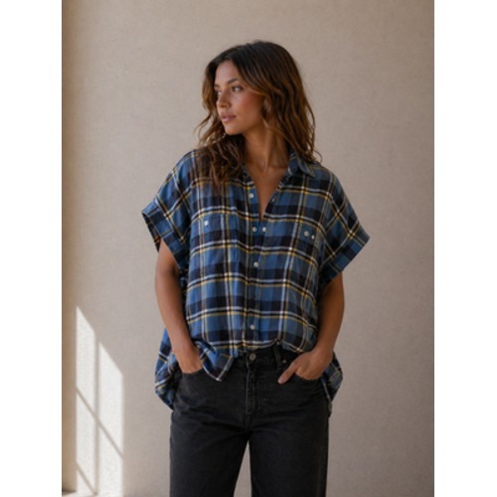 R13 Flannel Button Up Shirt Womens XS Blue Dolman Oversized Boxy Top Plaid